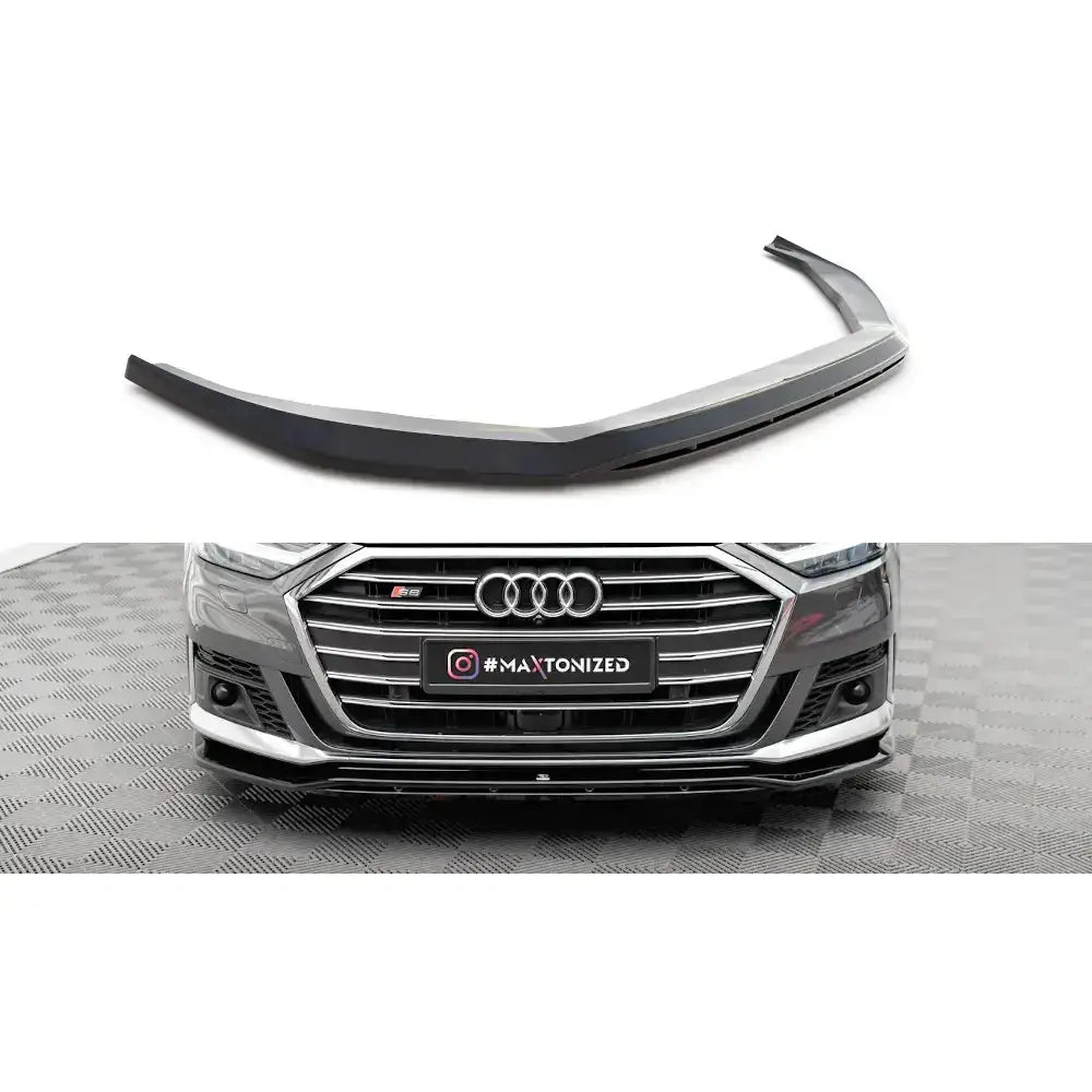Frontleppe til Audi S8 D5 V.1, sort splitter vist separat og montert under bilens frontfanger.