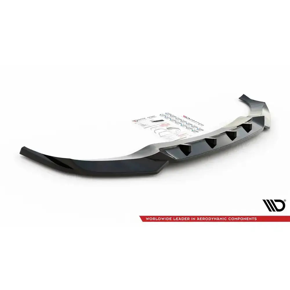 Front splitter til Bmw X6 M-Pack G06 19-, svart plastdel sett skrått ovenfra med monteringsdetaljer.