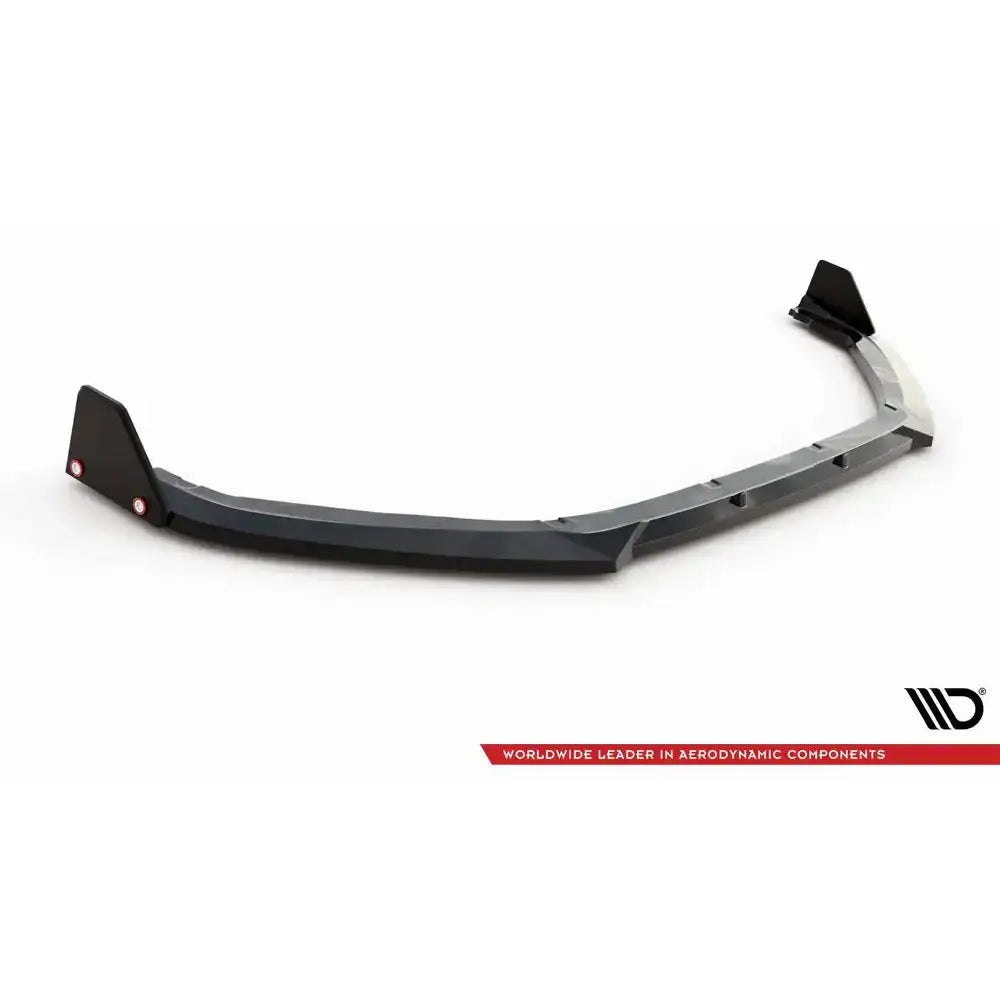 Front splitter til Peugeot 208 GT Mk2 med markerte hjørneplater og synlige festeskruer, sett skrått ovenfra.
