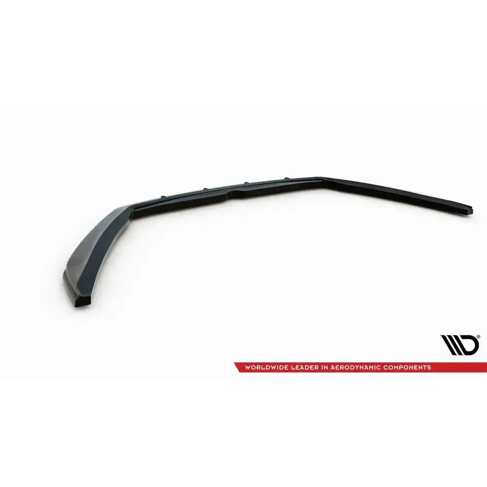 Front splitter til Jaguar F-Type Mk1 Facelift i sort plast, avbildet skrått med diskret logo og rød tekst.