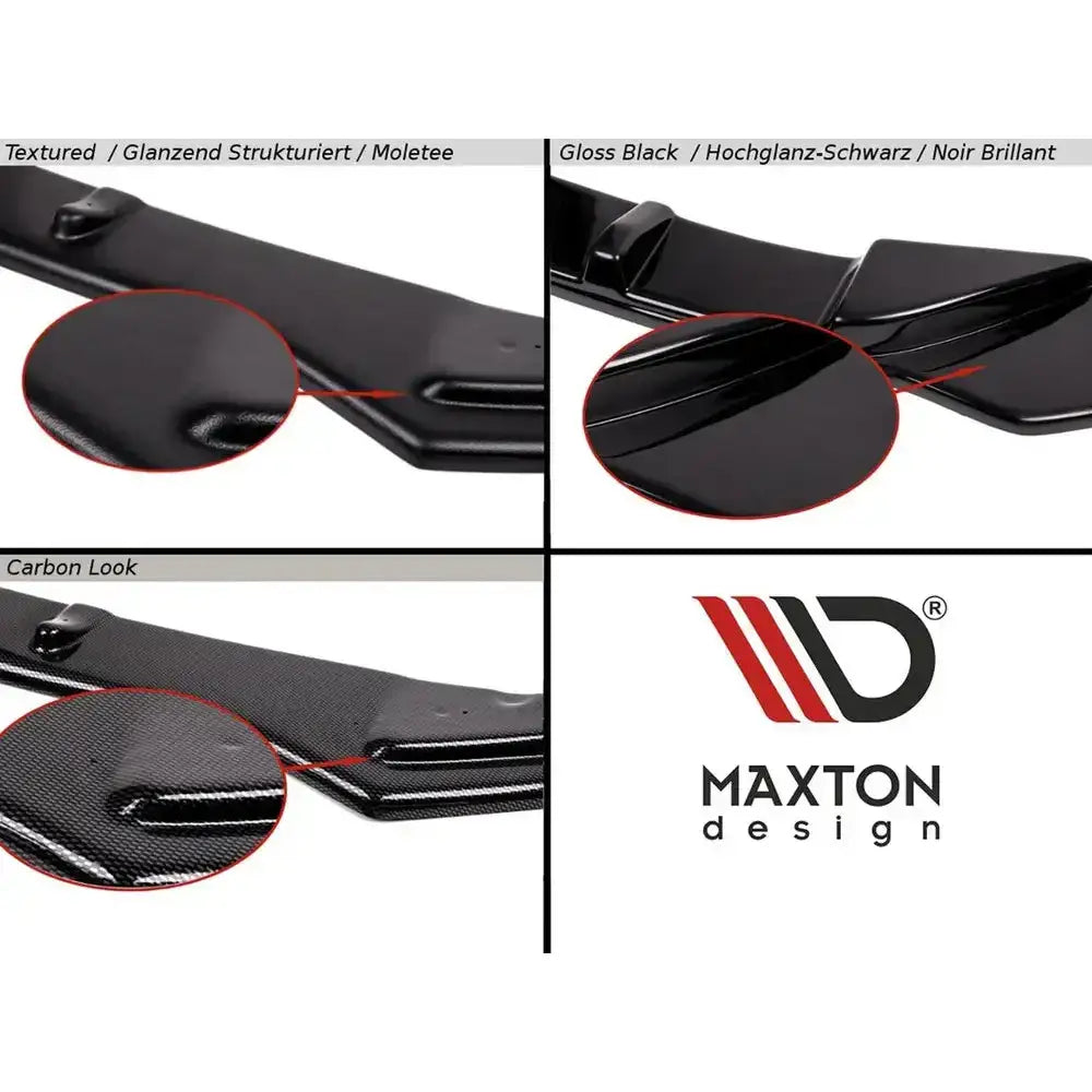 Frontsplitter V.1 Kia Proceed GT Mk 3 vist i teksturert, blank svart og karbonlook med Maxton Design-logo.