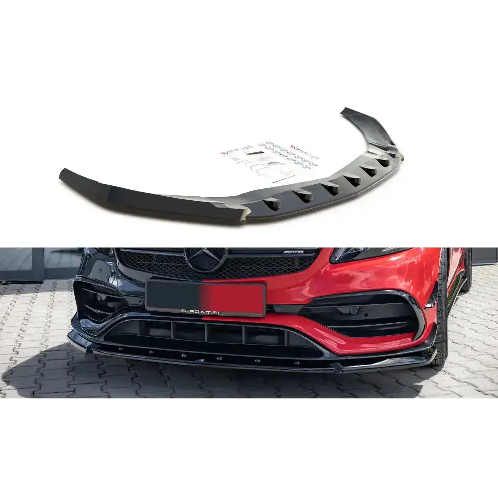 Frontleppe til Mercedes A45 Aero W176 Facelift, sort plast med markerte luftkanaler, vist på rød bil.