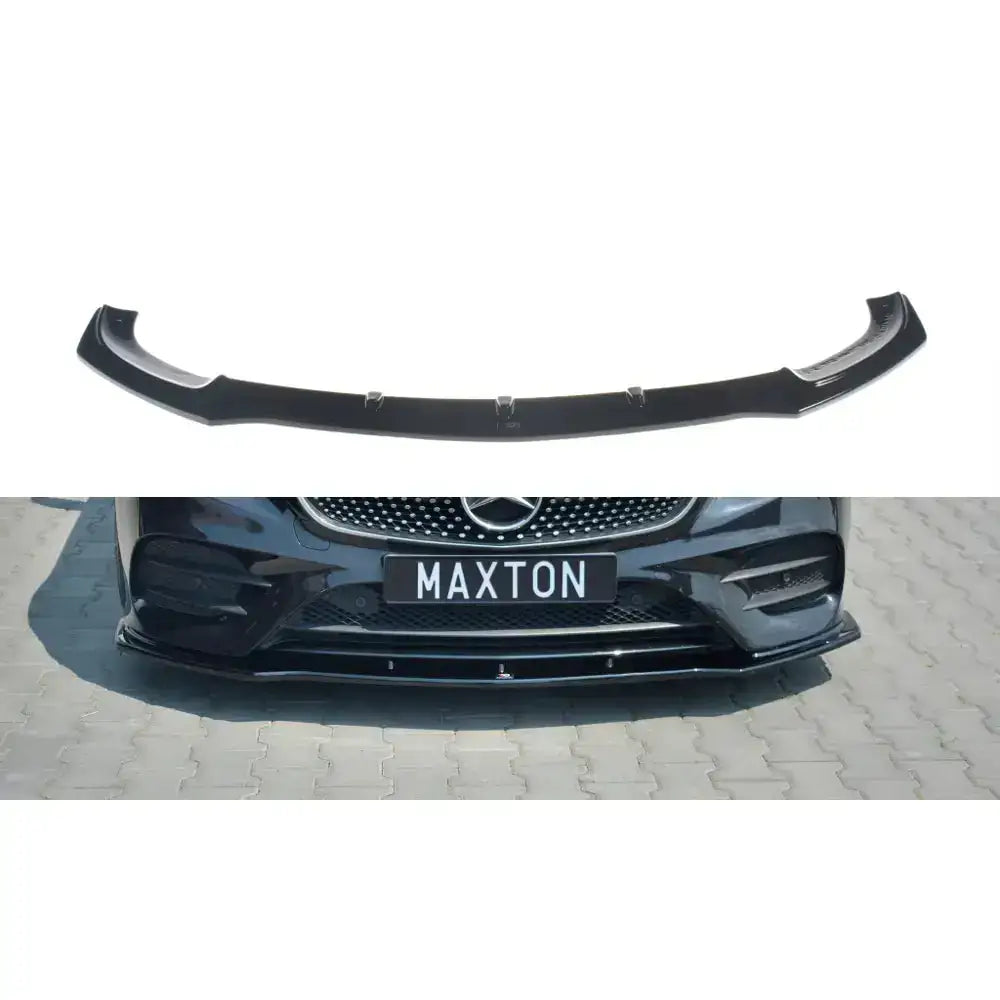 Frontleppe til Mercedes Benz E-Class W213 Coupe Amg-Line, sort glanset spoiler vist ovenfra og montert på bil.