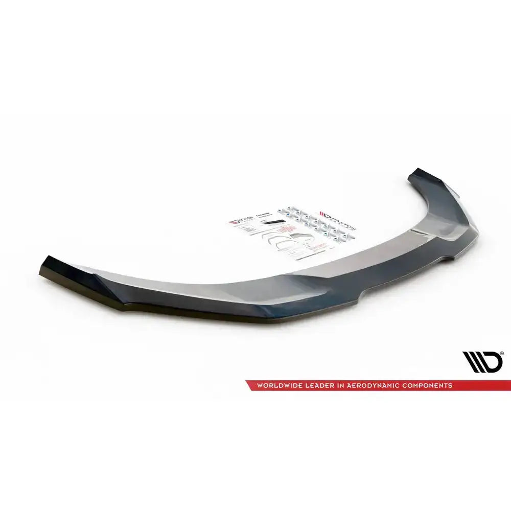 Front splitter til Nissan 370Z Nismo Facelift V.1 vist skrått ovenfra med monteringsutstyr og instruksjoner.