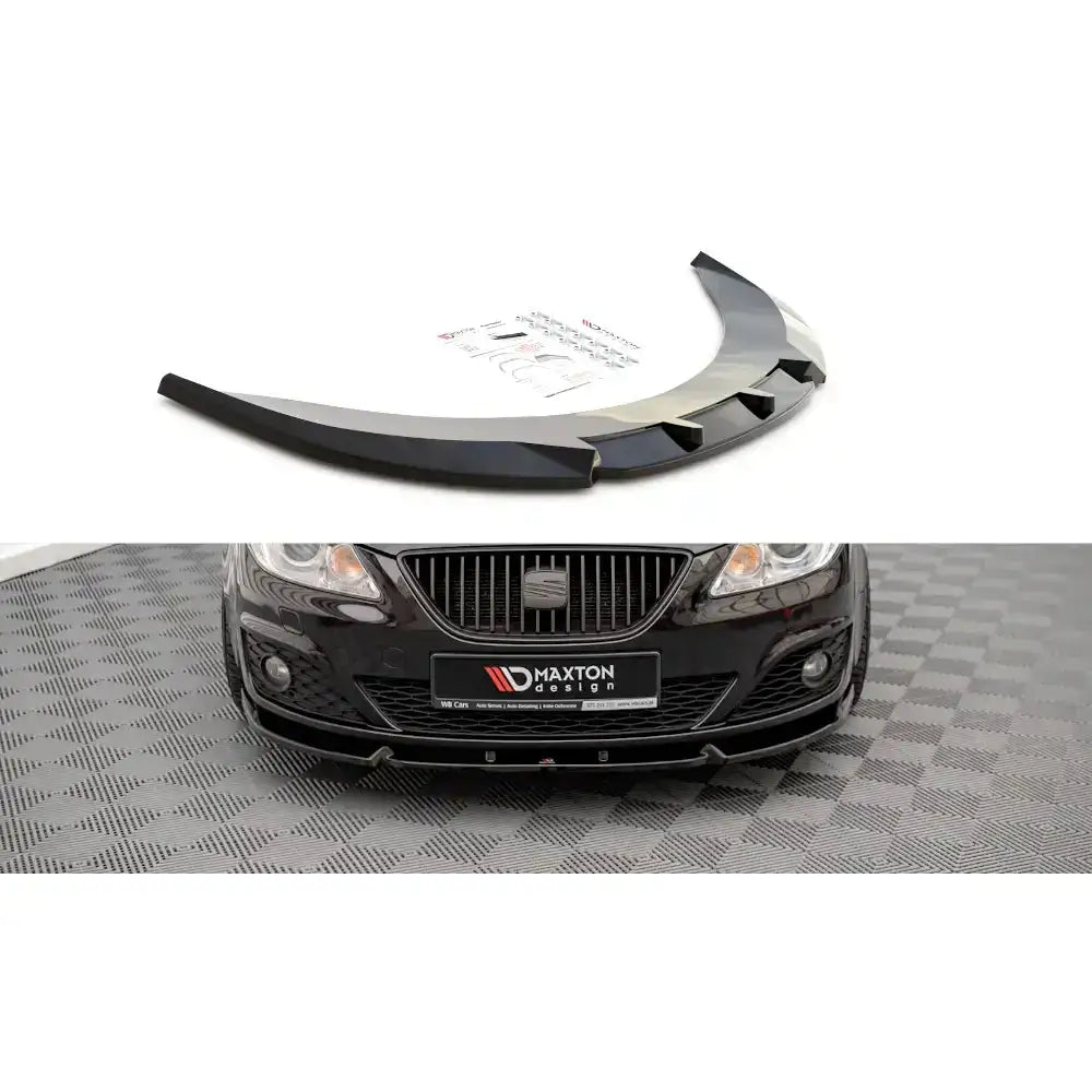 Frontleppe til Seat Exeo 08-13 i svart plast, vist både separat og montert på bil med aerodynamiske kanter.
