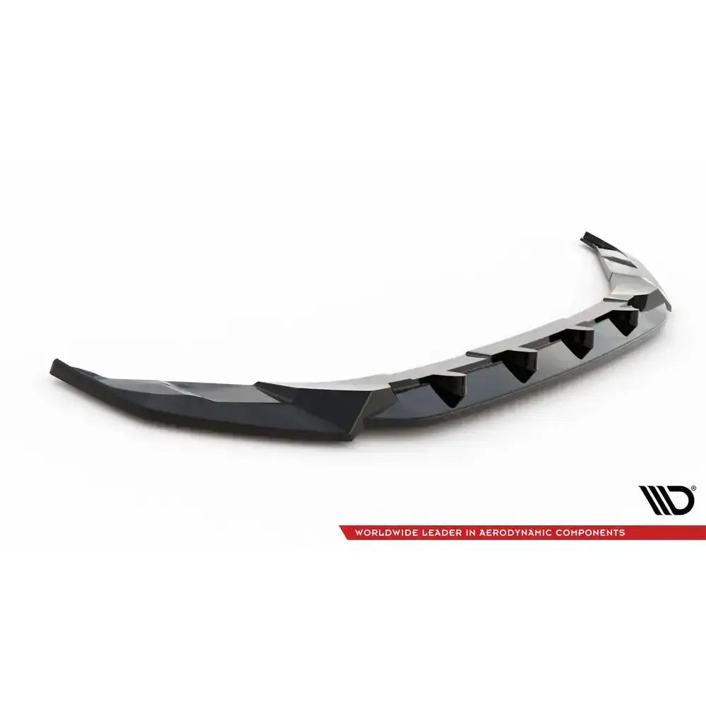 Front splitter for Volkswagen Atlas Cross Sport V.1 i sort plast med markerte vinkler og ribber, skrå vinkel.