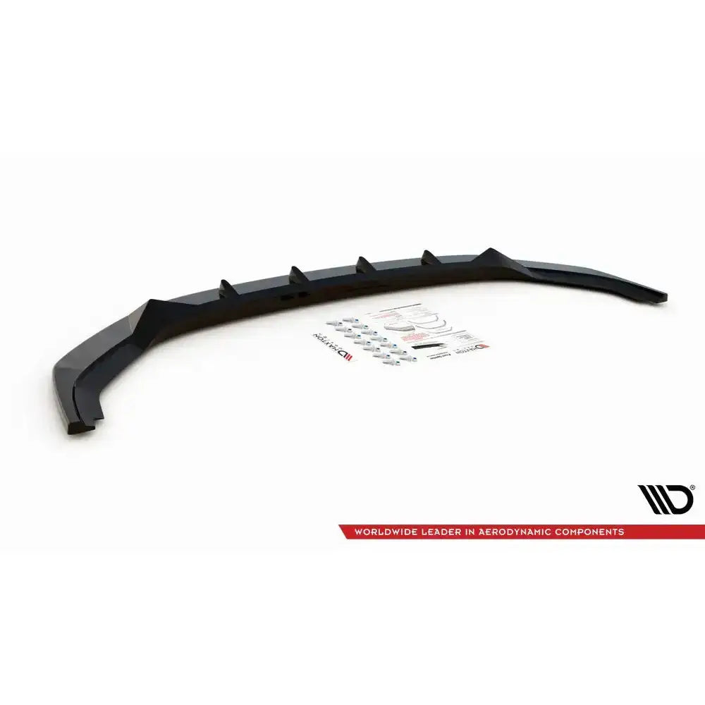 Front splitter til Volkswagen T6 Facelift V.1, svart plast med monteringsdeler og instruksjoner på hvit bakgrunn.