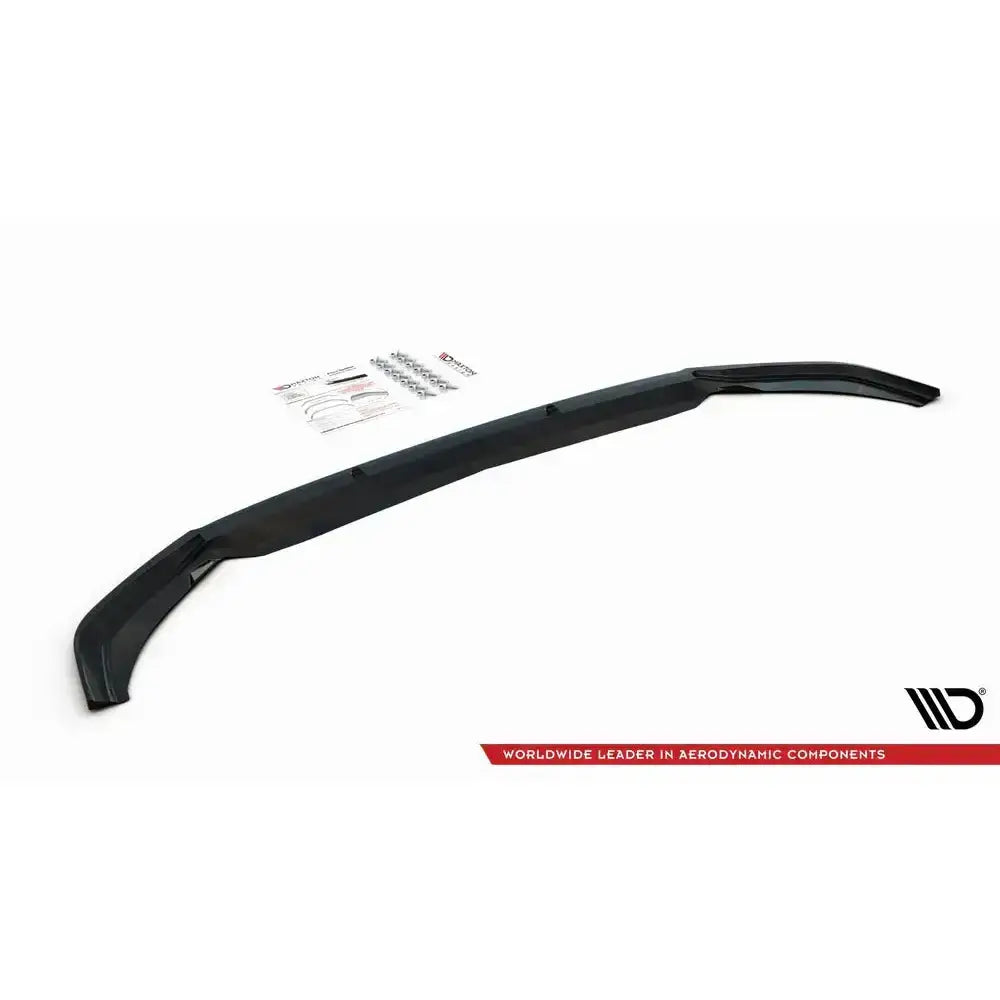 Frontspoiler til Vw Polo Mk6 Gti V.1 med monteringsutstyr og instruksjonsark på hvit bakgrunn.