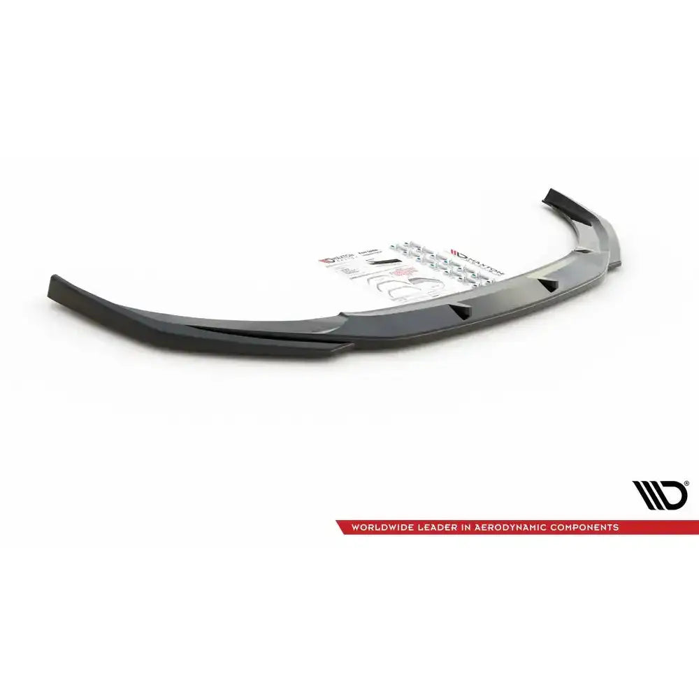 Frontspoiler til Audi A1 S-Line GB V.2, sort plast, skrå forfra med monteringssett og instruksjoner.