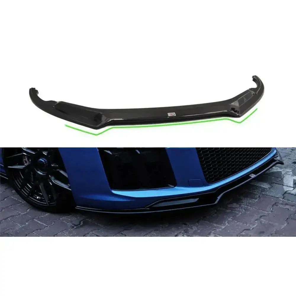 Frontleppe V.2 Audi R8 II i sort blank plast med grønn stripe, vist både løst og montert på blå bil.