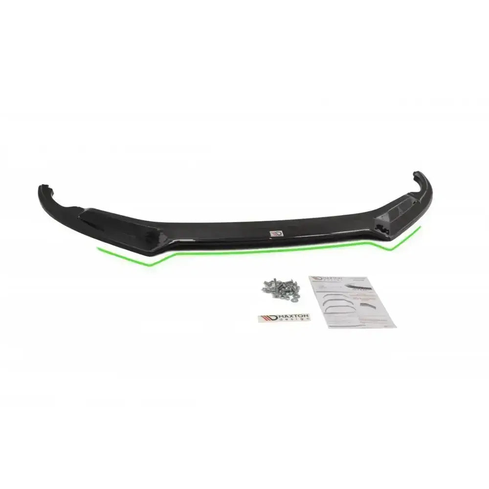 Front splitter Audi R8 II sort plast med grønn kant, sett ovenfra med skruer og instruksjonsark.