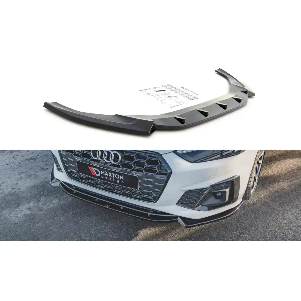 Frontleppe Audi S5/A5 S-Line F5 Facelift V.2 i sort plast, vist separat og montert på hvit bil.