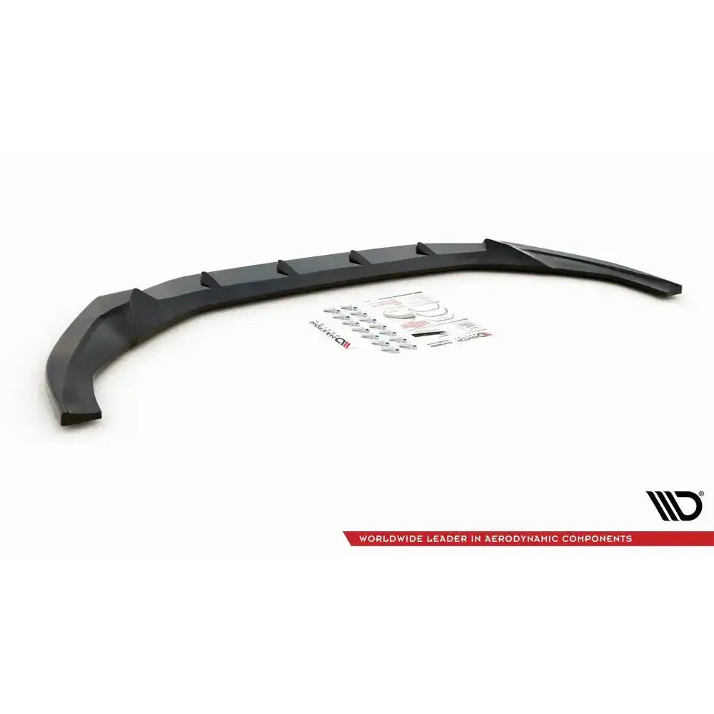 Front splitter til Audi S5/A5 S-Line F5 Facelift med festemateriell og instruksjoner på hvit bakgrunn.