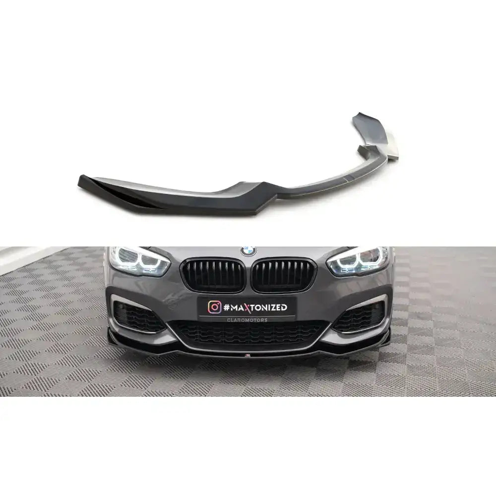 Frontleppe til BMW 1 F20/F21 M-Power V.2, sort plast, montert på grå bil, sett forfra.