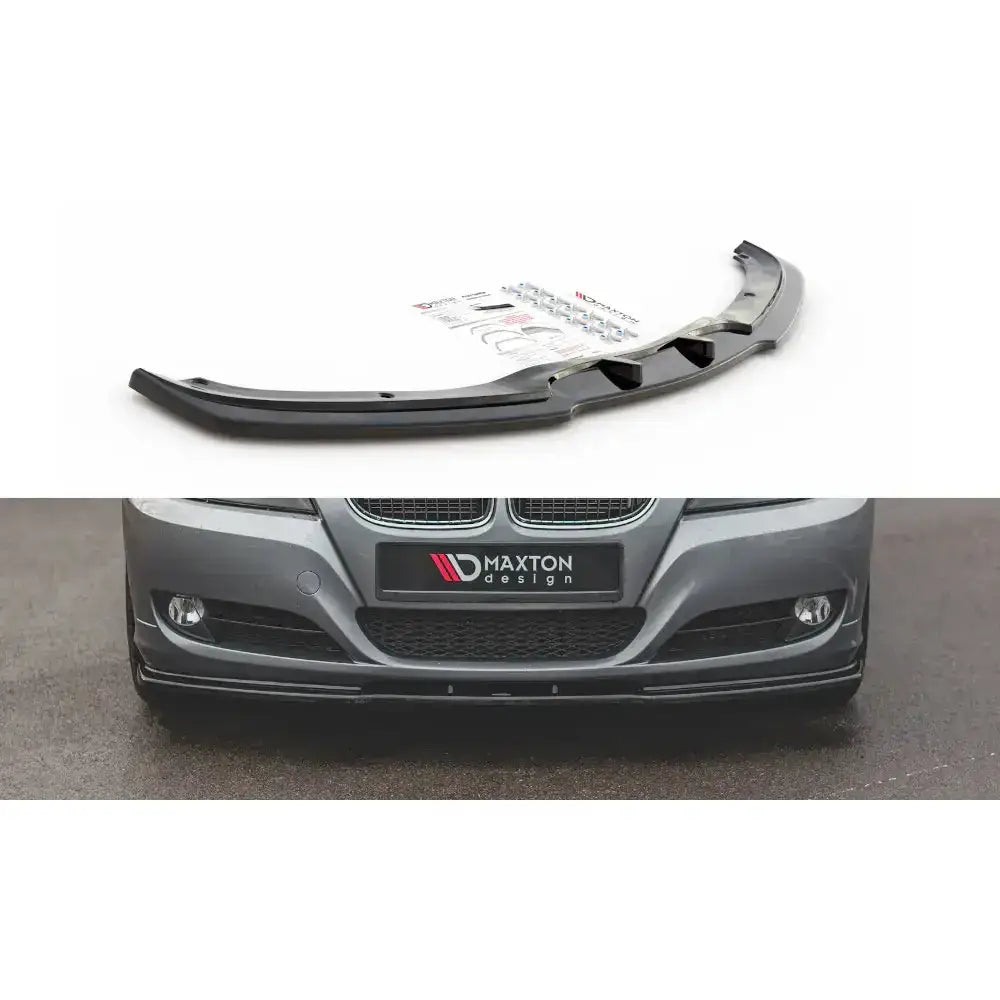 Frontleppe V.2 til BMW 3 E90/E91 Facelift, svart plast med monteringsutstyr, vist på grå bil.