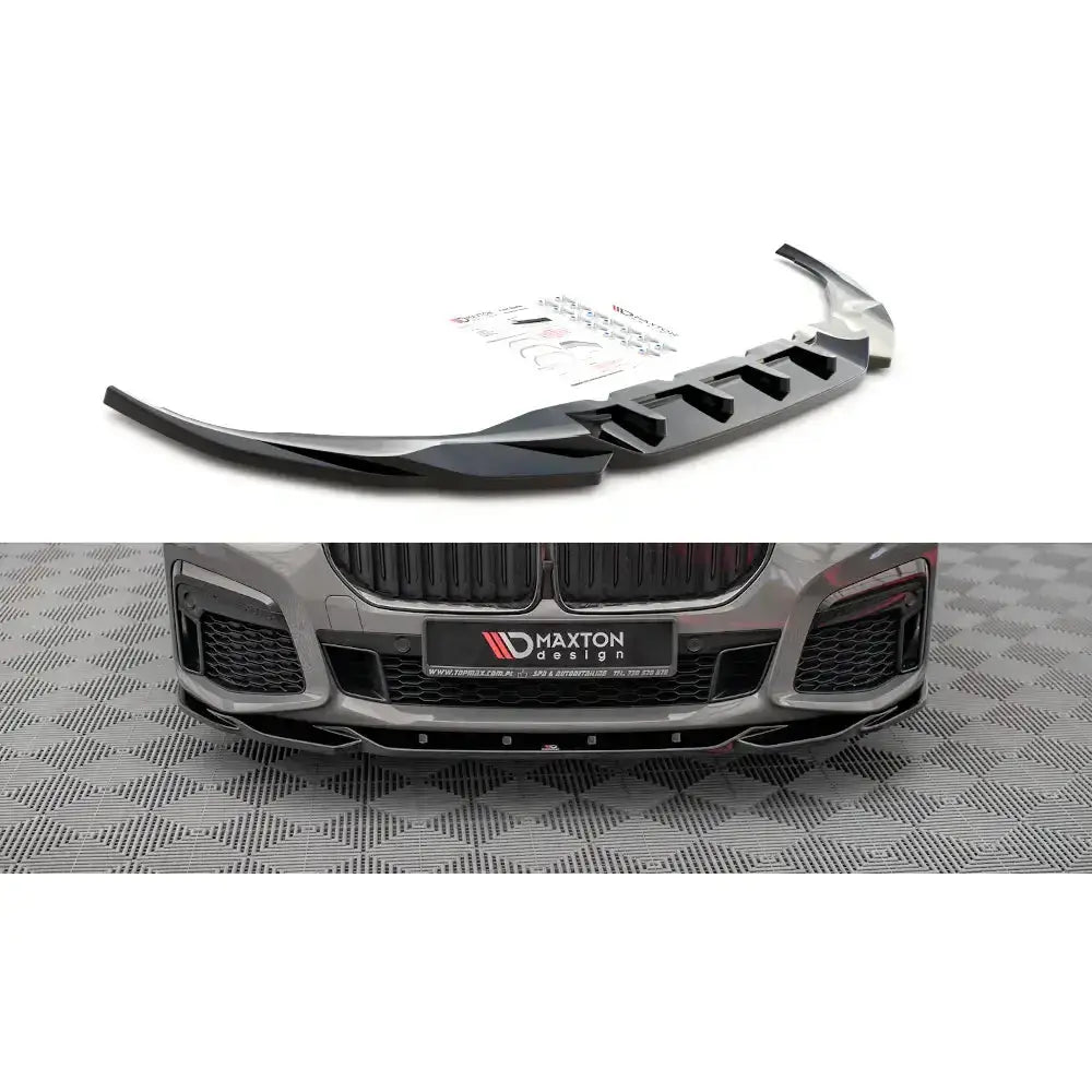 Frontleppe til BMW 7 G11 M-Pack Facelift V.2, sort plast med sporty linjer, vist fra skrå vinkel.