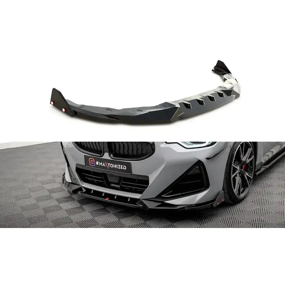 Frontleppe til BMW 2 Serie Coupe M-Pack G42, sort plast med røde detaljer, vist på og uten bil.