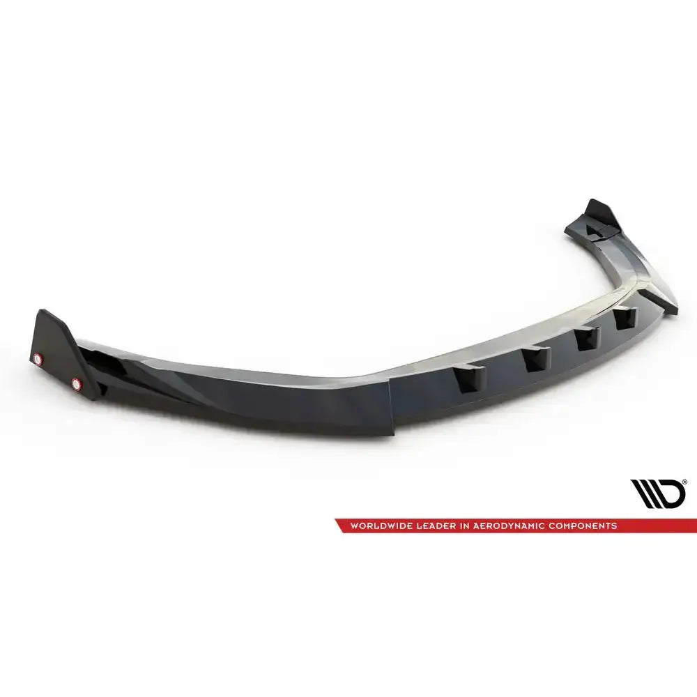 Front splitter til Hyundai Kona N Mk1 med flaps, sort plast med luftkanaler og røde festepunkter.
