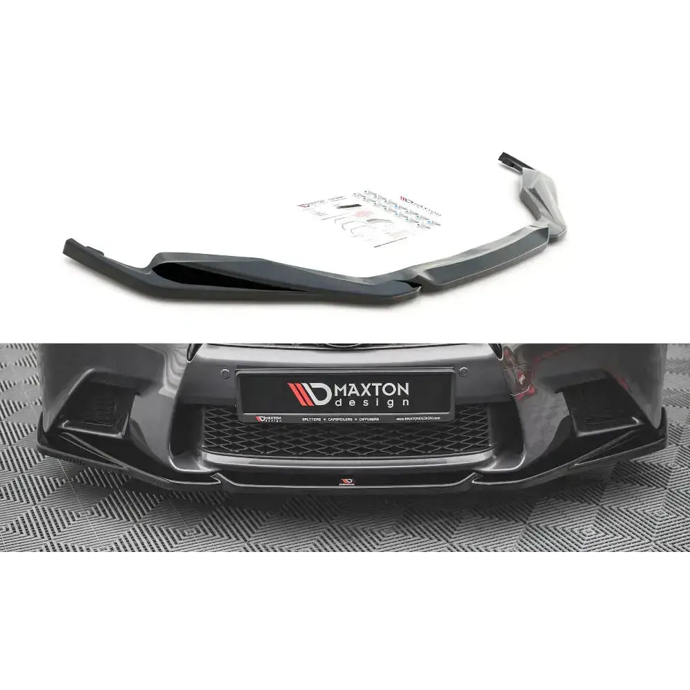 Frontleppe til Lexus GS F Sport Mk4 V.2, sort plast, vist med monteringsutstyr og montert på bilfront.