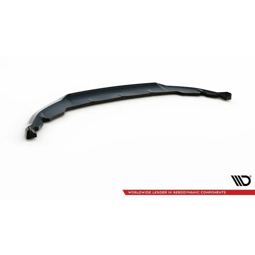 Front splitter for Mini Cooper Clubman JCW F54 Facelift, svart plast med rød stripe og logo, skrå vinkel.