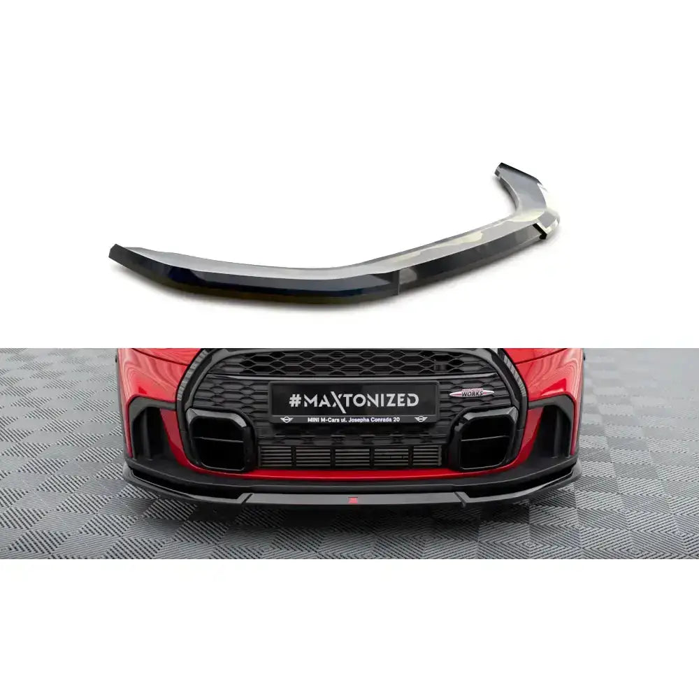 Frontleppe til Mini Cooper S JCW F56 Facelift i sort blank plast med markante kanter, montert på rød bil.