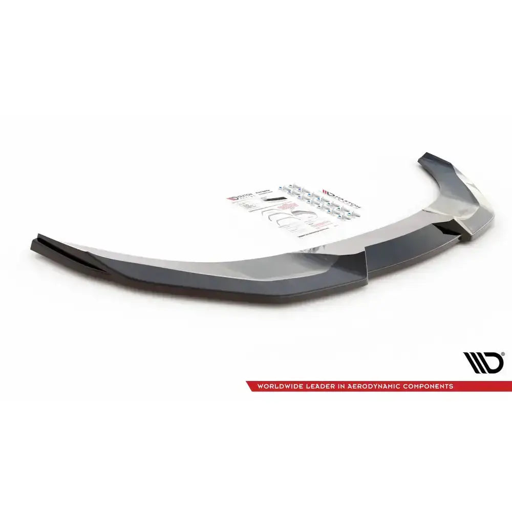 Front splitter til Nissan 370Z Nismo V.2, svart og grå spoiler med monteringssett og instruksjoner.