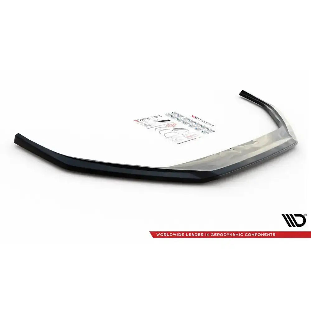 Front splitter til Peugeot 508 GT Mk1 Facelift, sort plast med monteringsutstyr og instruksjoner på hvit bakgrunn.
