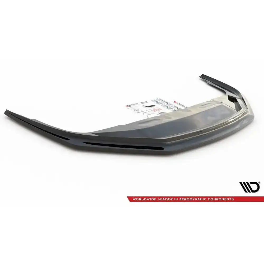 Frontspoiler til Porsche 911 Carrera 991 V.2, svart plast med monteringsutstyr og instruksjoner.