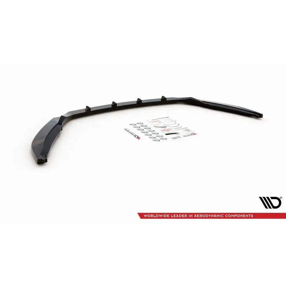 Front splitter til Skoda Octavia Mk3 Facelift, sort plast med monteringsutstyr sett ovenfra.