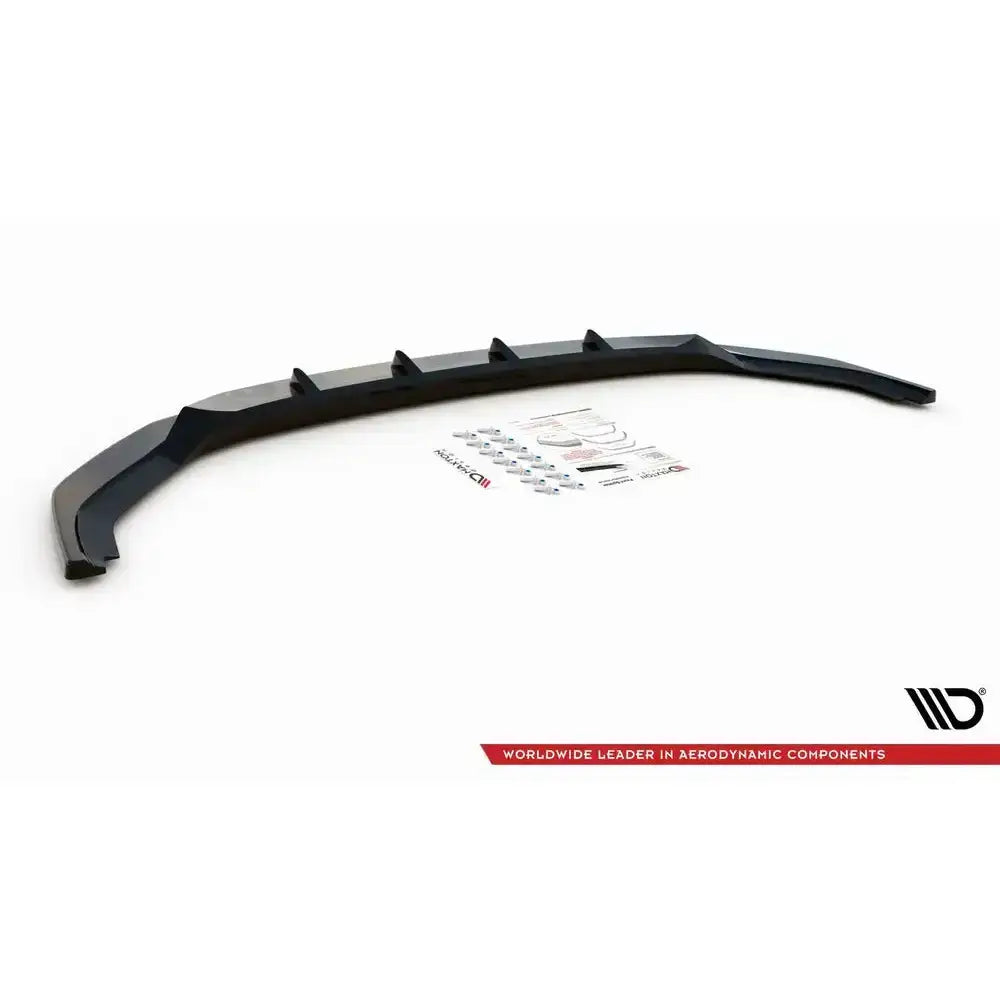 Front splitter til Volkswagen T6 Facelift V.2, svart plast med ribber og monteringsutstyr mot hvit bakgrunn.
