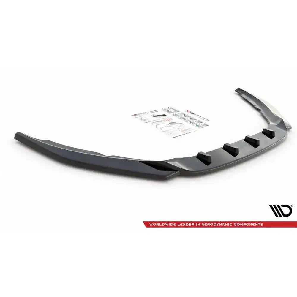 Front lip til Volvo S60 R-Design Mk2 14-18, sort plast med monteringsdetaljer og skruepakke, skrått fugleperspektiv.