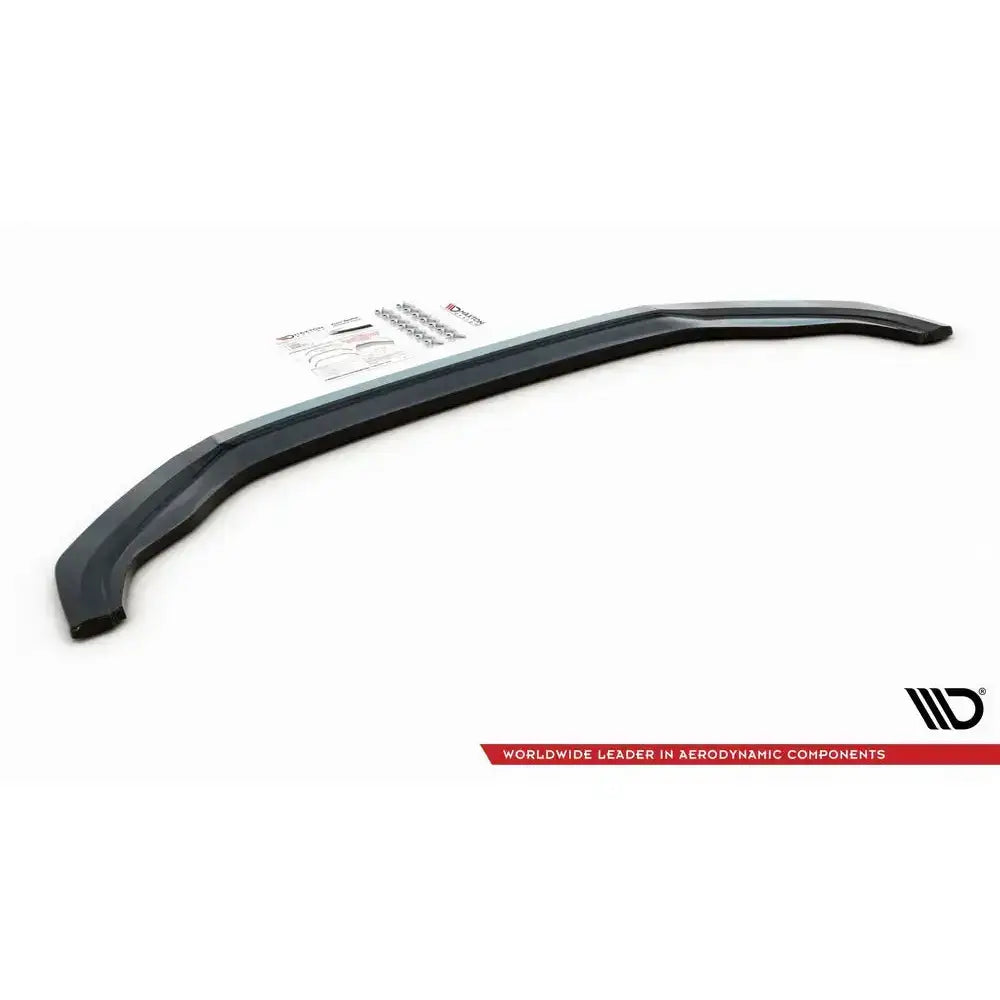 Frontsplitter til Vw Golf VII Gti V.2, svart buet design med monteringsutstyr og instruksjoner.