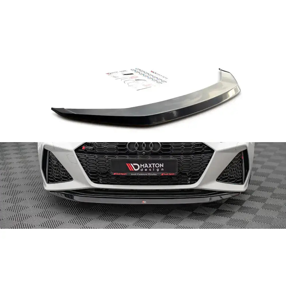 Frontleppe V.3 Audi RS6 C8 sort plast med tilbehør vist foran bilens nedre grill.