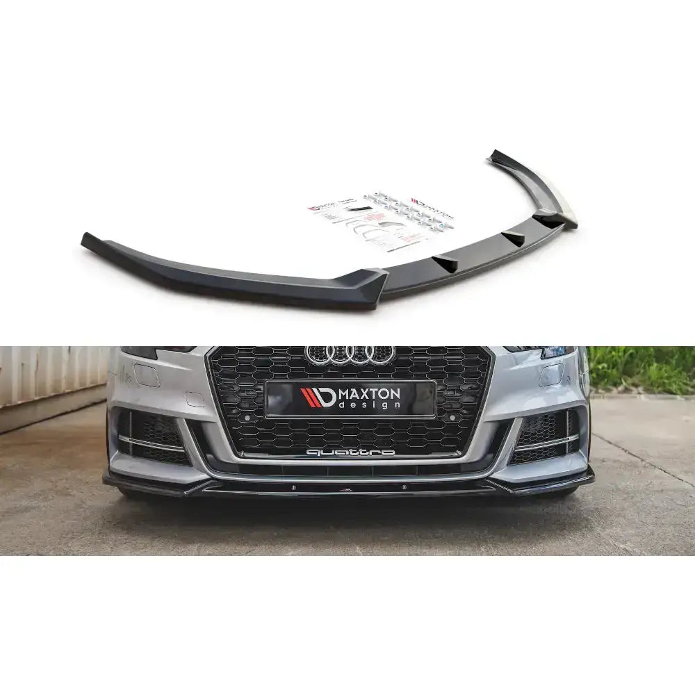 Frontleppe V.3 Audi S3 / A3 S-Line 8V Facelift i svart plast vist med monteringsutstyr og montert på sølv bil.