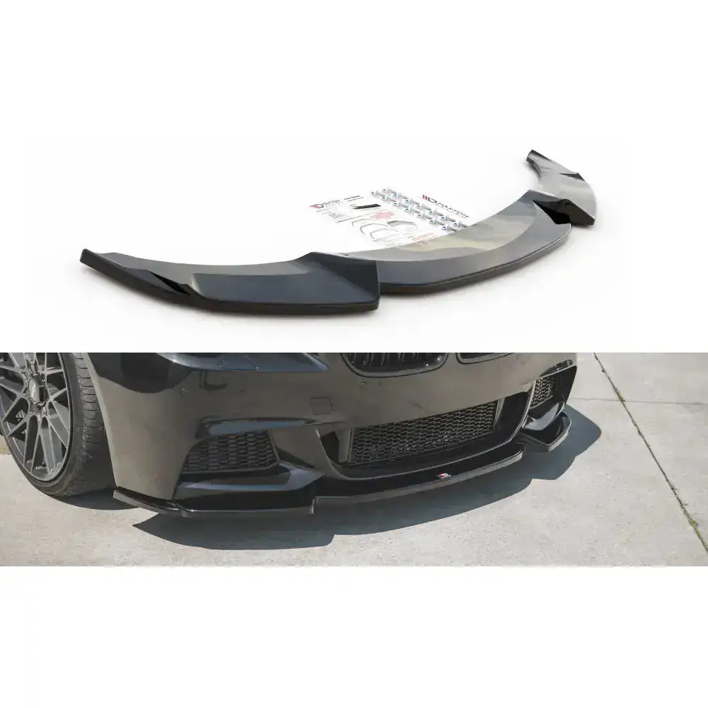 Frontspoiler til BMW 5 F10/F11 M-Pack, sort blank plast med monteringsutstyr og instruksjon.