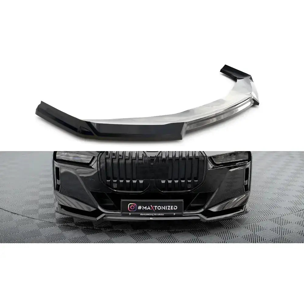 Frontleppe V.3 BMW 7 M-Pack sort glossy splitter sett forfra mot grill og støtfanger.