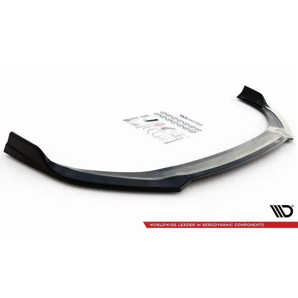 Front splitter til Hyundai I30 N Mk3 Facelift, sort plast med monteringssett og instruksjoner sett ovenfra.