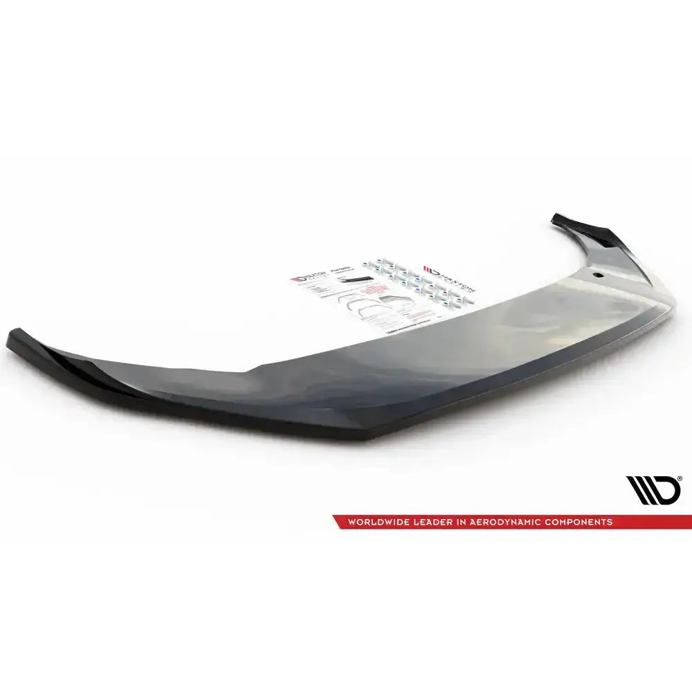 Front splitter til Volkswagen Arteon R 20-, blank sort plast med monteringssett og instruksjoner.
