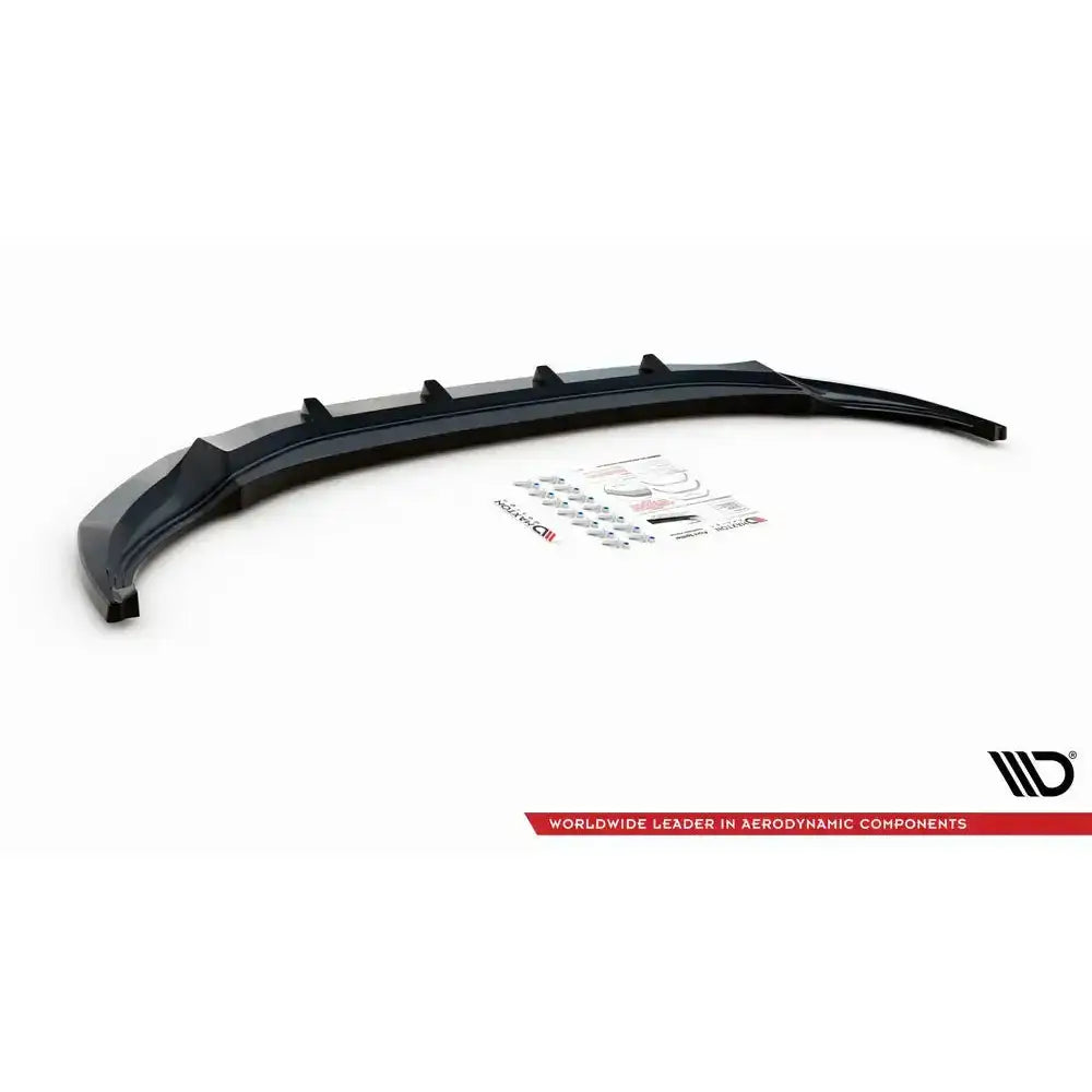 Front splitter til Volkswagen Tiguan R V.3, sort plast med ribber, vist skrått med monteringsutstyr.