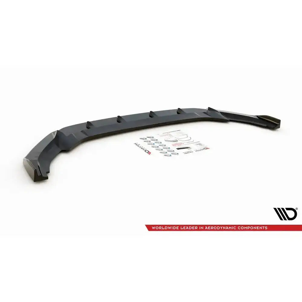 Front splitter til Volkswagen Golf R Mk7 V.4, sort plast med monteringsutstyr og klistremerker.