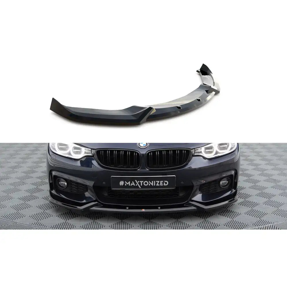 Frontleppe V1 BMW 4 Gran Coupe M-Pack F36 i sort plast, vist forfra montert og separat med fokus på detaljer.