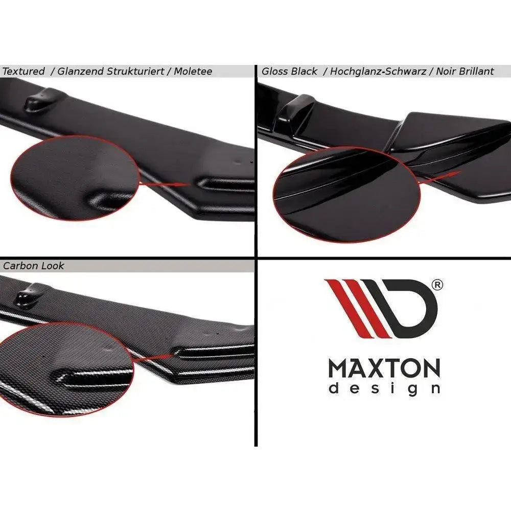 Frontspoiler til Mini Cooper S F56 Facelift i matt, høyglanset svart og karbonlook, nærbilde av detaljer.