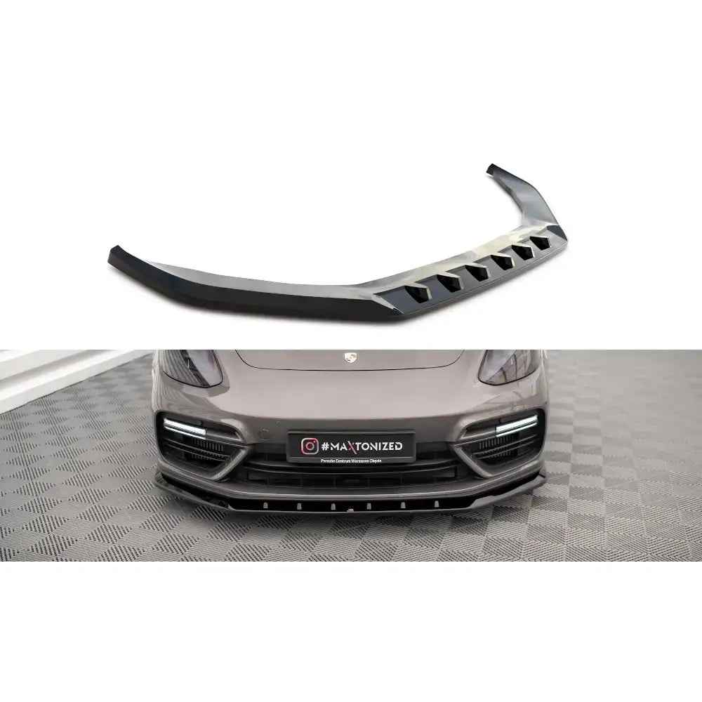 Frontleppe V1 Porsche Panamera E-Hybrid 971 i sort plast med markerte vinkler og luftspalter, sett forfra.