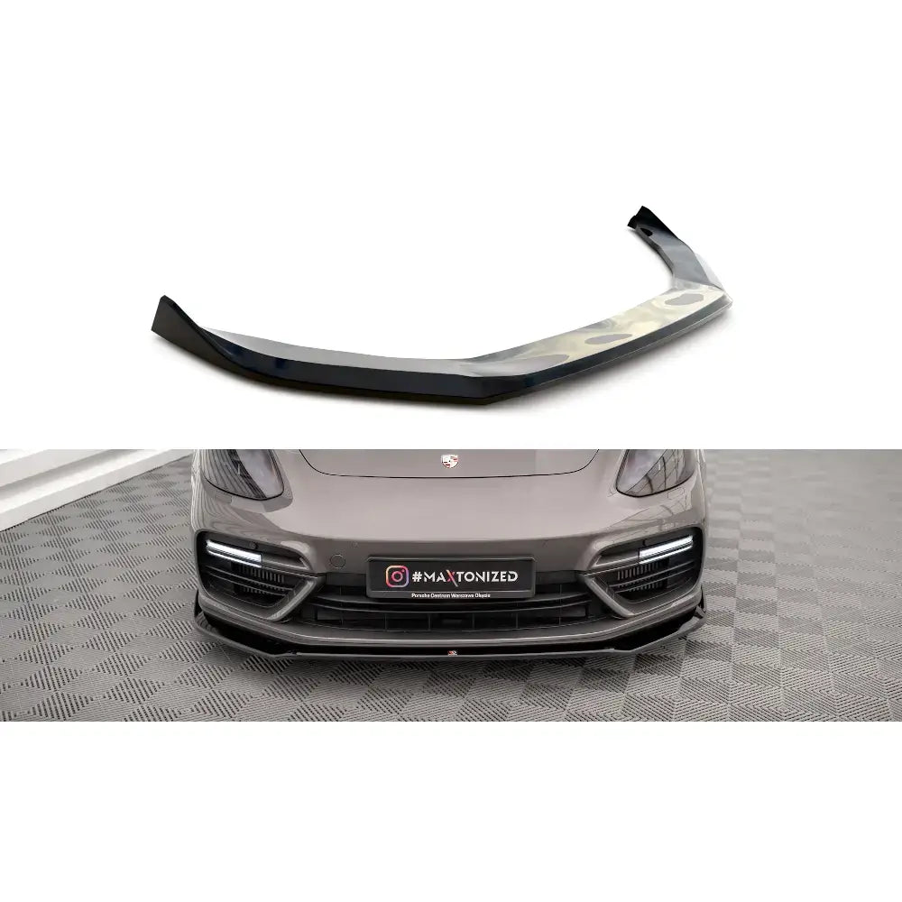 Frontleppe til Porsche Panamera E-Hybrid 971 i sort blank plast, vist fra skrå vinkel.