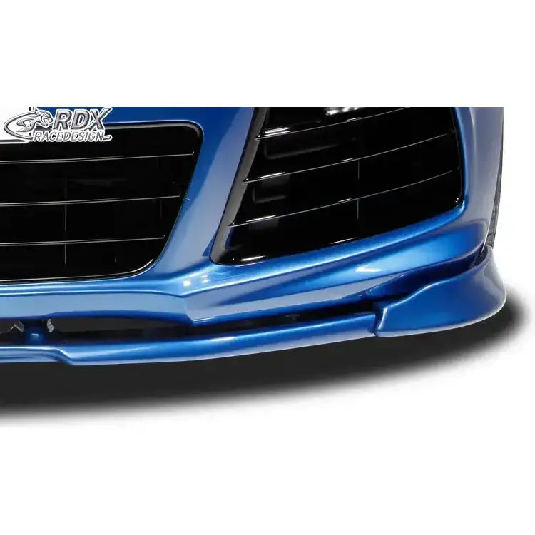 Front lip Volkswagen Scirocco 3 R 09-14, blå glanset frontspoiler med sorte luftinntak, sett forfra.