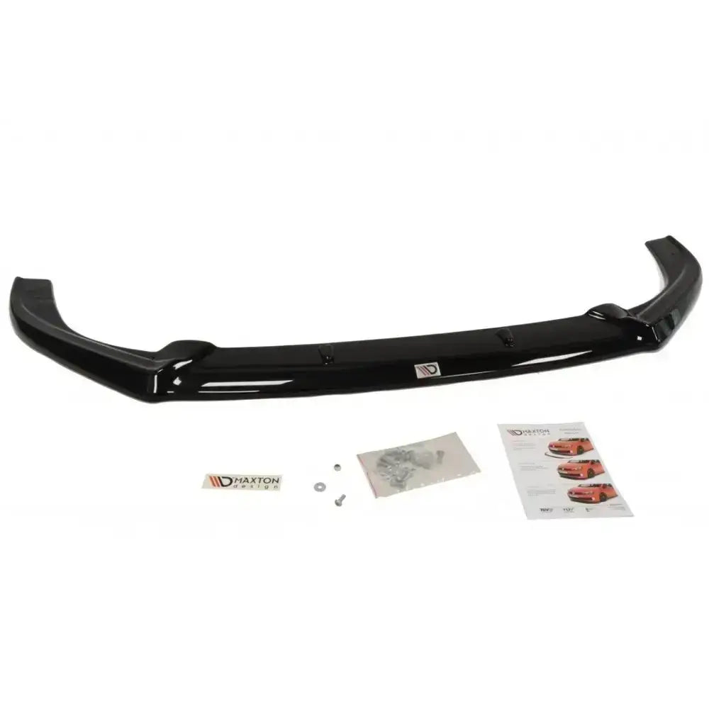 Front splitter til VW Golf VI R Cupra Look med monteringsutstyr og instruksjoner på hvit bakgrunn.
