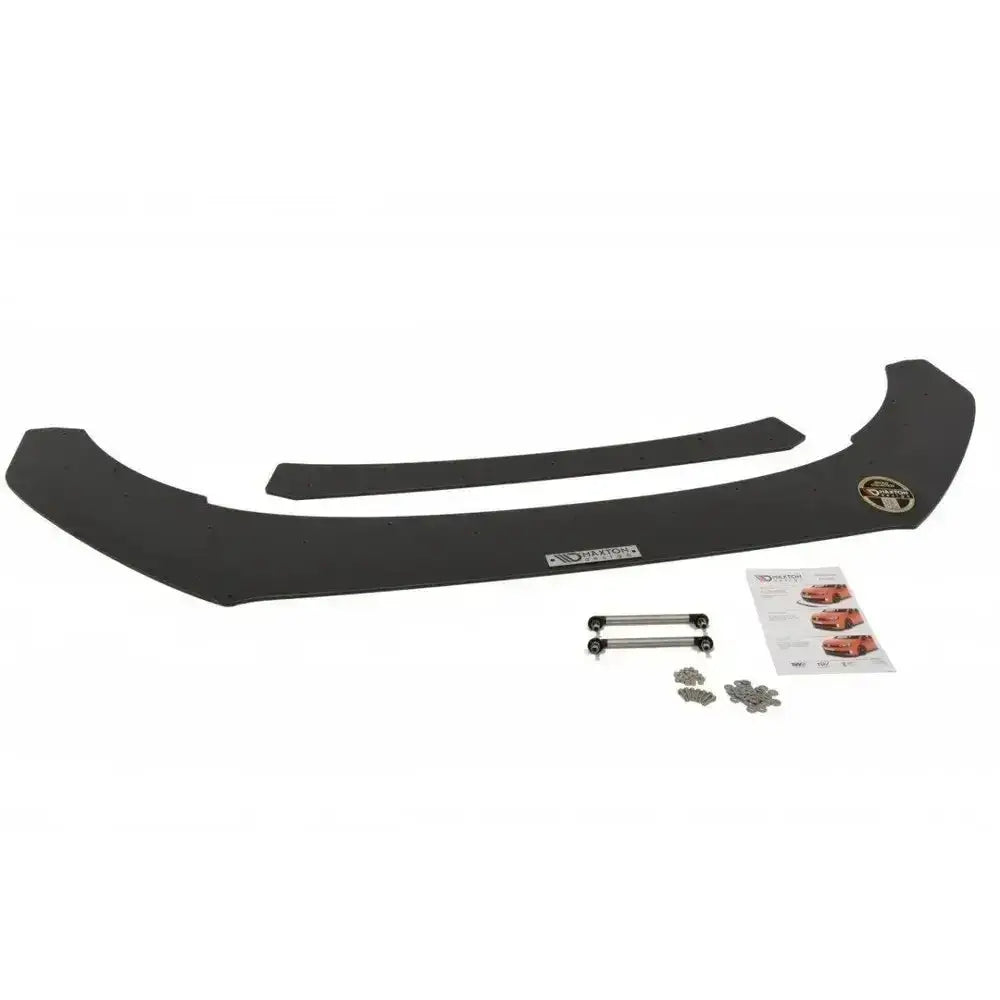 Front lip til Vw Polo Mk5 Gti Facelift, svart plast med logo, monteringsutstyr og instruksjoner vises.