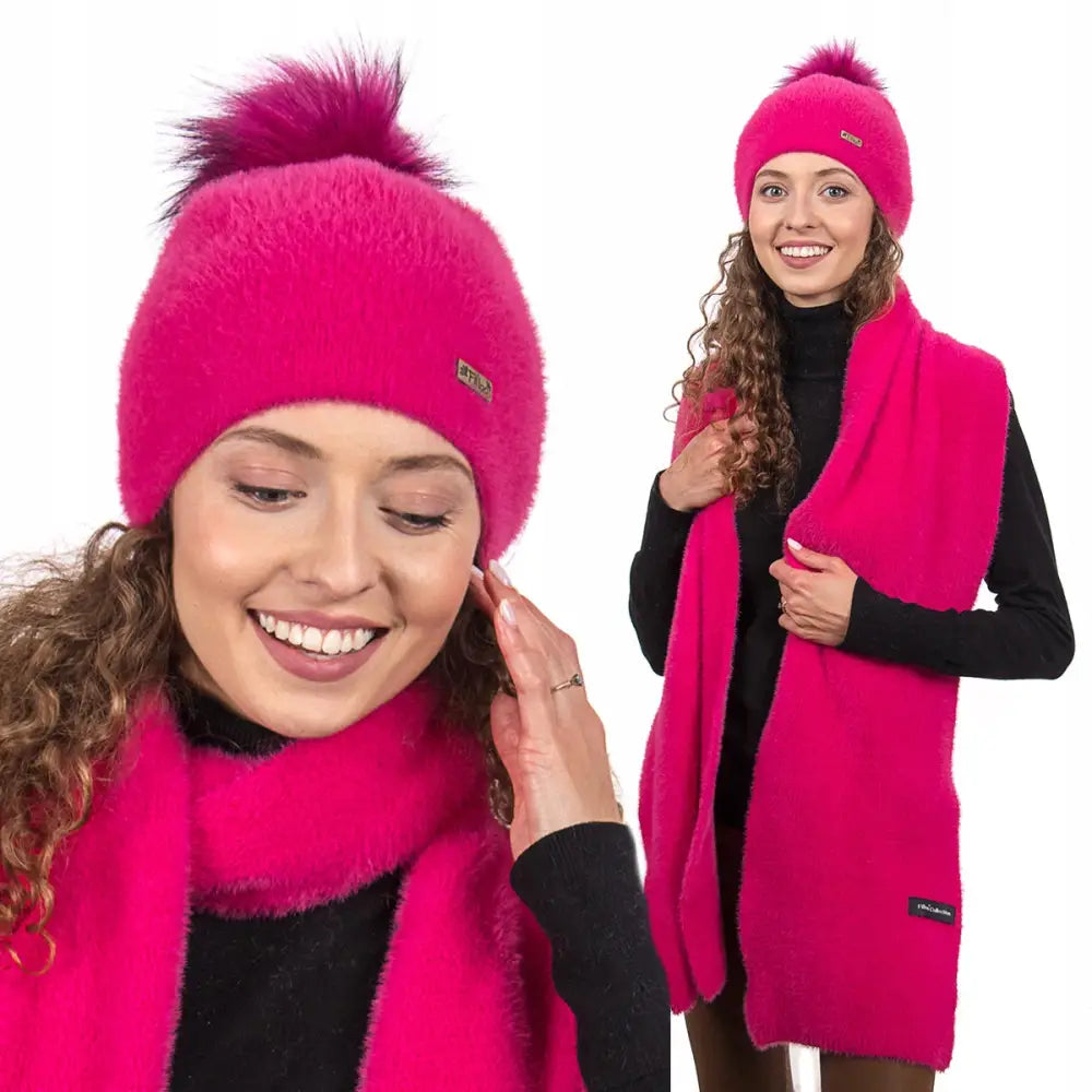 Fuchsia Damessett Alpakka Lue Med Pompom Og Langt Varmt Skjerf - 1