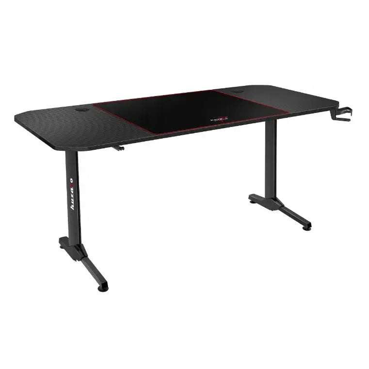 Gamingbord Huzaro Hero 4.7 svart, skråvisning med rød kant og krok på høyre side av bordet.