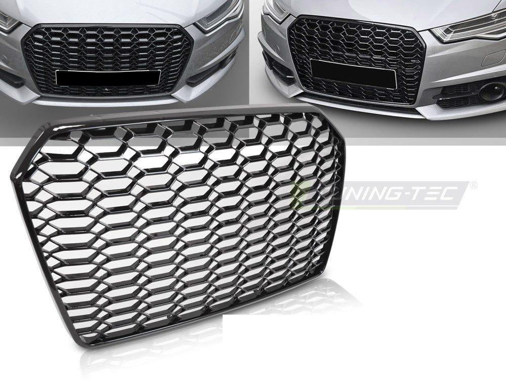 Glossy svart sport-grill til Audi A6 C7 2014–2018 nærbilde av honeycomb-mønster